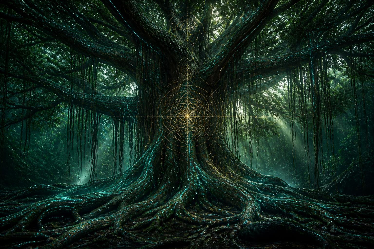 Ancient banyan tree traced with glowing data lines